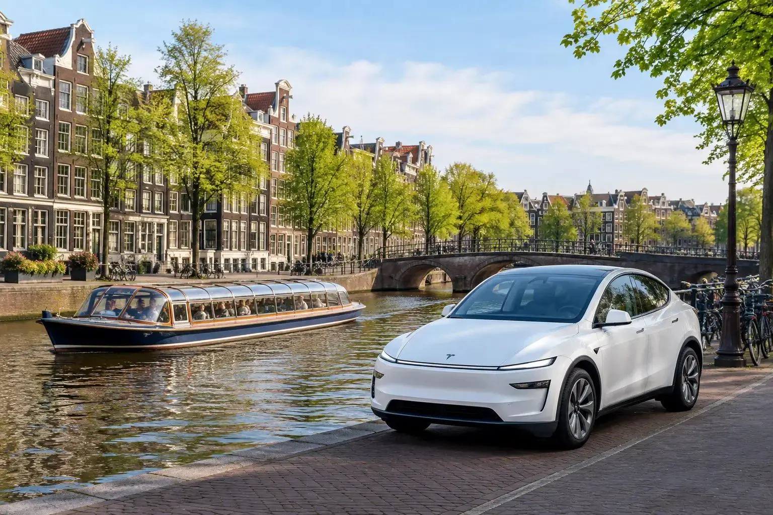 Tesla Model Y beside an Amsterdam canal