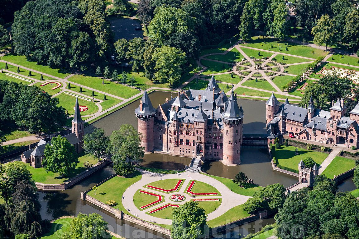Aerial view of Castle de Haar and its moat