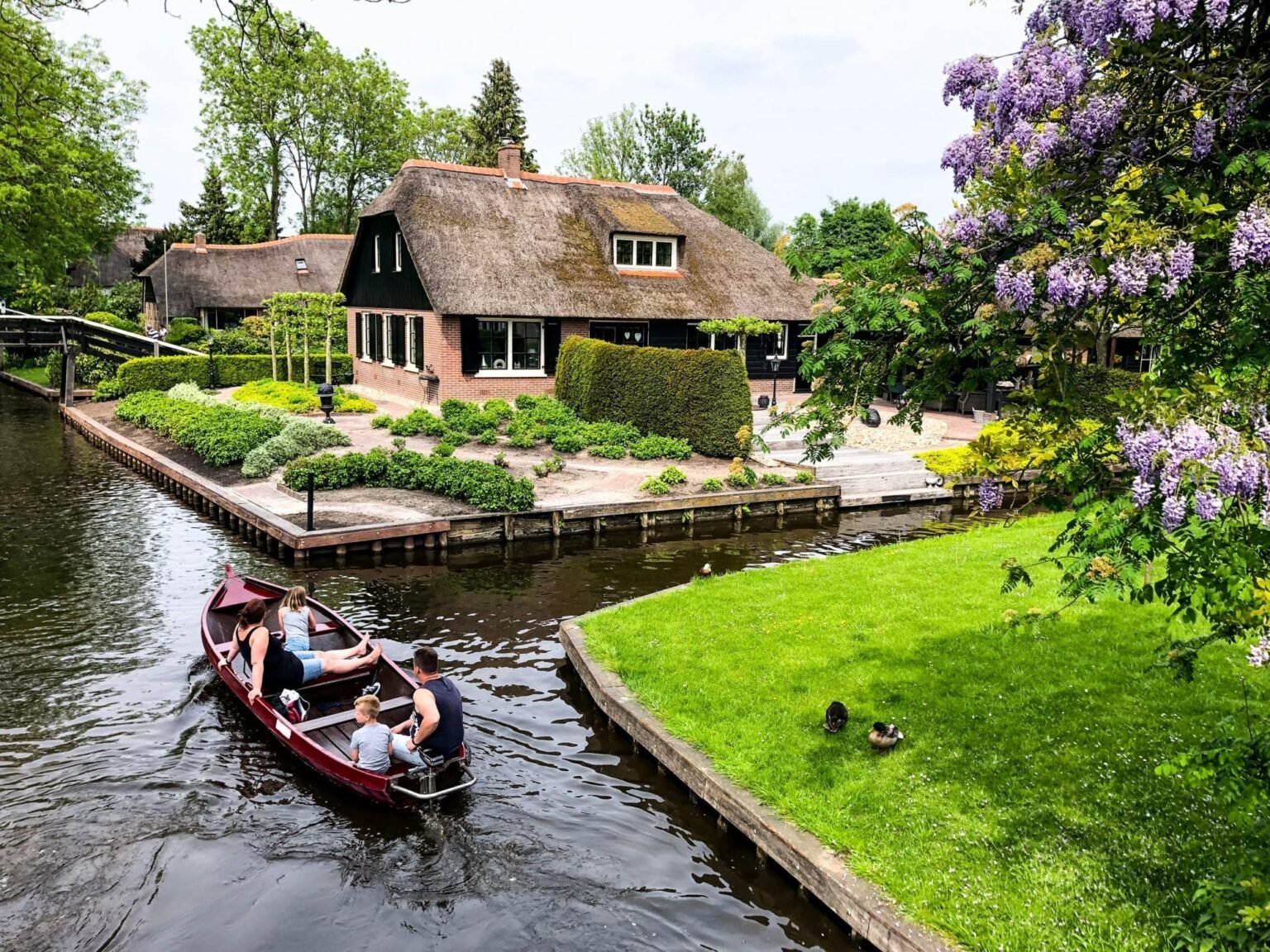 A small boat on a canal in Giethoorn past a thatched-roof farmhouse and wisteria