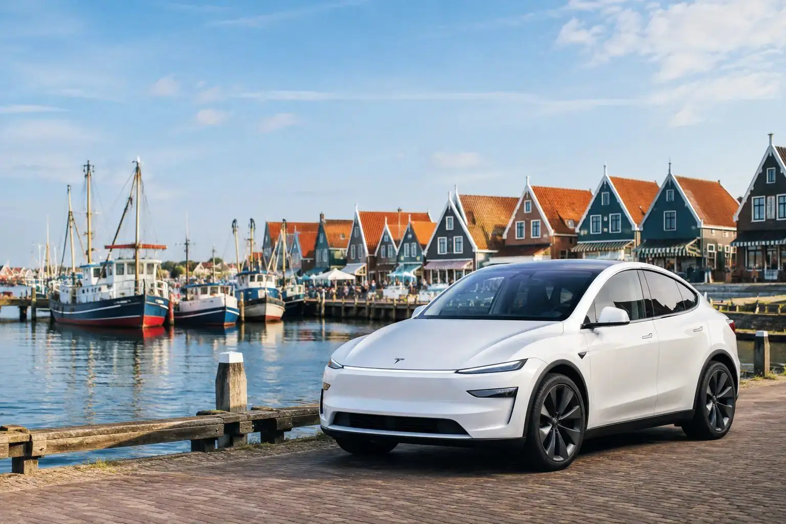 Tesla Model Y on a harbour pier in the Netherlands