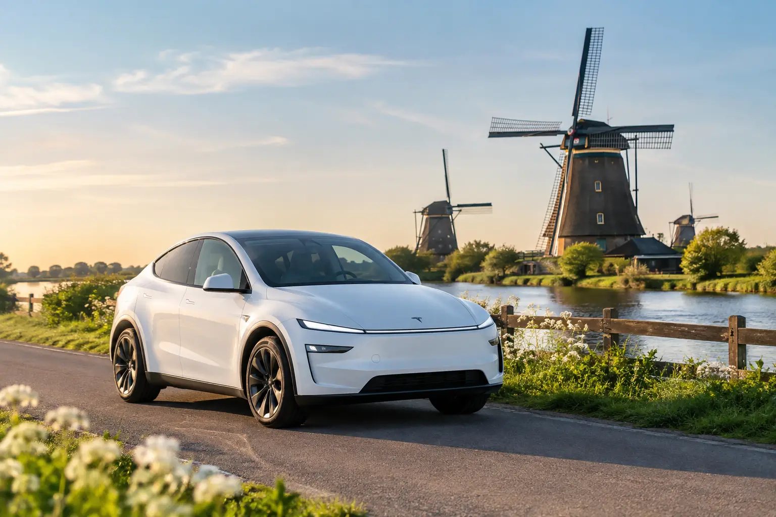 Tesla Model Y parked near windmills and wildflowers in the Dutch countryside